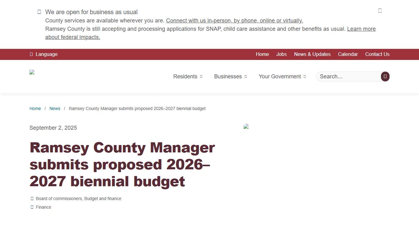 Ramsey County Manager submits proposed 2026–2027 biennial budget Ramsey County, Minnesota